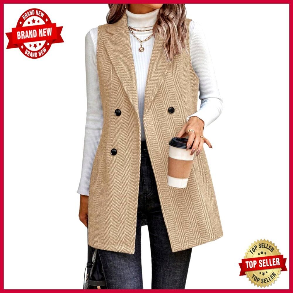 Long Sleeveless Tweed Vest Blazer, Wool Blend, Double Breasted, Regular Fit